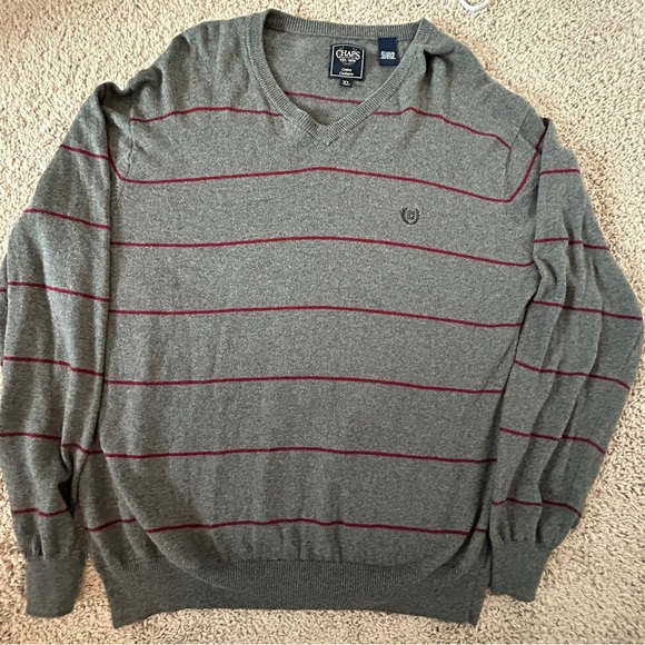 Chaps Other - Chaps V-Neck Cashmere Blend Sweater, Size XL,‎ Gray and Burgundy Striped